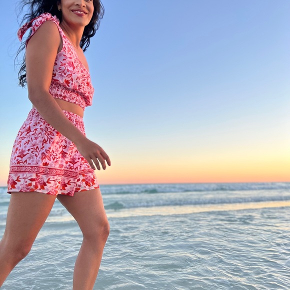 Lulu’s Just Believe Pink Multi Print One-Shoulder Two-Piece Romper - Picture 5 of 5